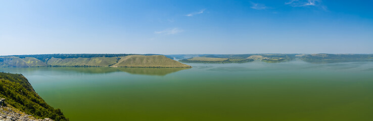 Panoramic view of the fjords and the bay of Bakota from a height. Bakota, Ukraine.