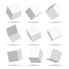 A set of cube icons with a perspective 3d cube model with a shadow. Vector illustration. Isolated on a white background