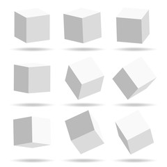 A set of cube icons with a perspective 3d cube model with a shadow. Vector illustration. Isolated on a white background