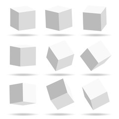 A set of cube icons with a perspective 3d cube model with a shadow. Vector illustration. Isolated on a white background
