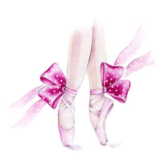 Ballet shoes. Watercolor hand painted illustration isolated on white background.Ballet series.