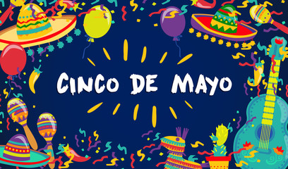 Plakat Cinco de Mayo Vector Poster Of Fiesta Elements. Mexican Attributes Sombreros, a Guitar, Cactus and decoration. Vector illustration