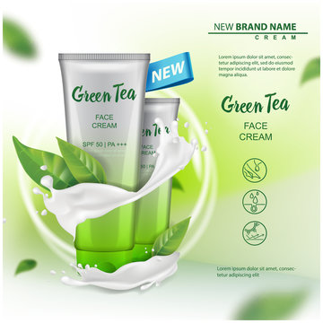Cosmetics product mock up with green tea extract advertising for catalog, magazine. Vector design of cosmetic package. cream, gel, body lotion