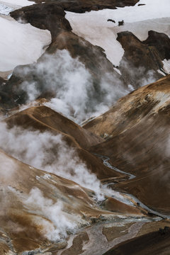 Mountain range in Iceland with geothermal hot springs and hiking trail