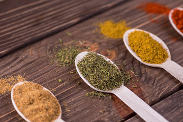 Set spices in measuring spoon. Cooking and seasoning for taste.