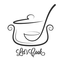 Pan with ladle ornate. Kitchen spoon in a Saucepan pot on white background - obrazy, fototapety, plakaty