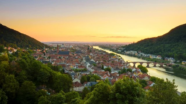 Heidelberg, Germany, time lapse with the setting sun and evening lights