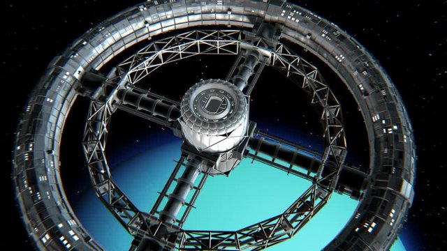 Giant sci-fi torus. Circular space station rotate on Uranus background, 3d animation.