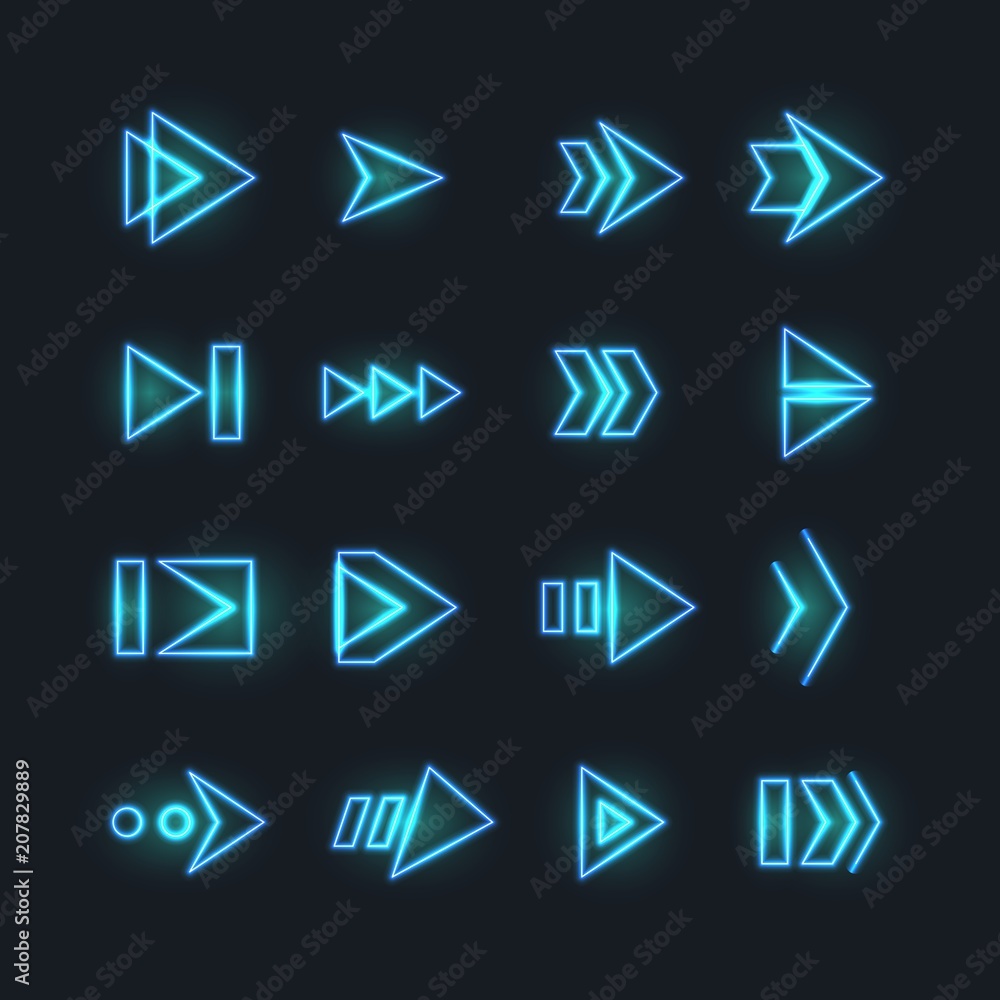 Poster directional neon arrows. pointers, orientation arrowhead with luminosity effect. futuristic hud inte