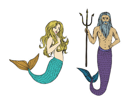 Blonde mermaid and Neptune holding trident, hand drawn doodle sketch, vector color illustration