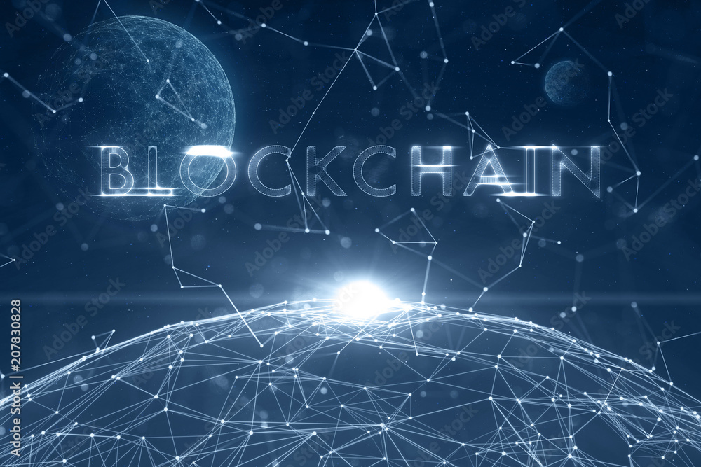 Poster blockchain word on abstract blue network background with lines and dots illustration.