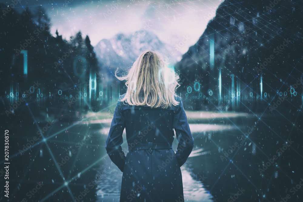 Poster futuristic business woman and artistic digital cyber space background with computer binary numbers d