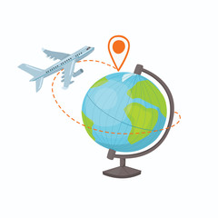 Destination concept. Vector illustration of plane flying around the globe. World transportation.