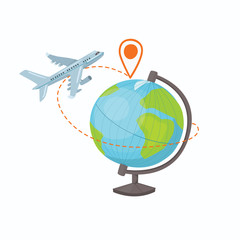 Fototapeta premium Destination concept. Vector illustration of plane flying around the globe. World transportation.