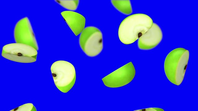 Lobules of green apple falling on blue screen, 3d animation.