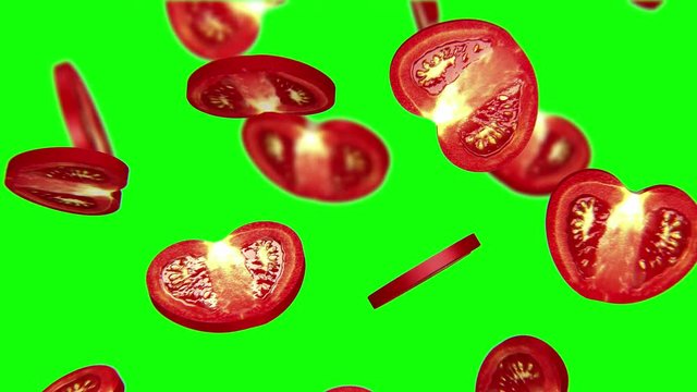 Sections of tomato falling on green screen, 3d animation.