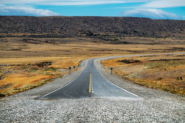End of the asphalt road named Ruta 40 in Argentinian Patagonia. Asphalt road turns into gravel road...