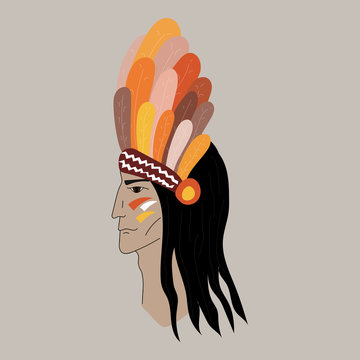 Native American Profile Silhouette Portrait. Red Indian Chief Wearing Traditional Headdress.