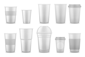 Empty clear white plastic disposable cups, takeaway containers for cold beverage, soda, tea and coffee vector template isolated