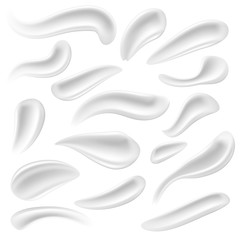 Cosmetic white cream strokes. Gel, foam drop vector set isolated