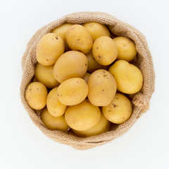 Sack of fresh raw potatoes on wooden background, top view