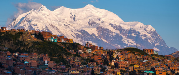 Panorama of the city of La Paz with mountain of Illimani (Aymara) on the background. Bolivia