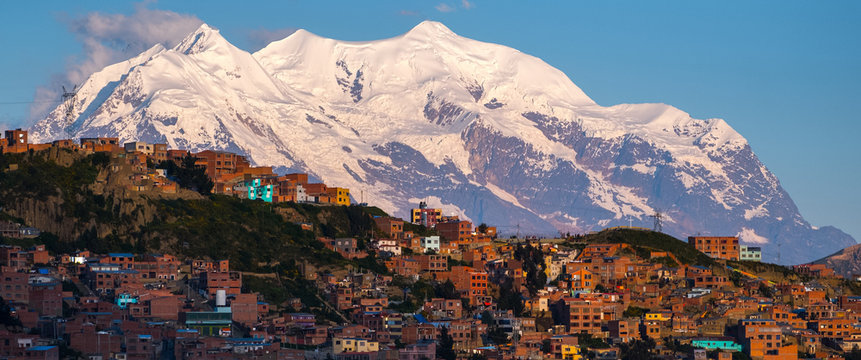 Panorama of the city of La Paz with mountain of Illimani (Aymara) on the background. Bolivia