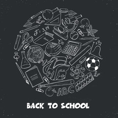 Hand drawn school objects in round composition. Vector illustration of education design elements hand drawn on blackboard. Back to school.