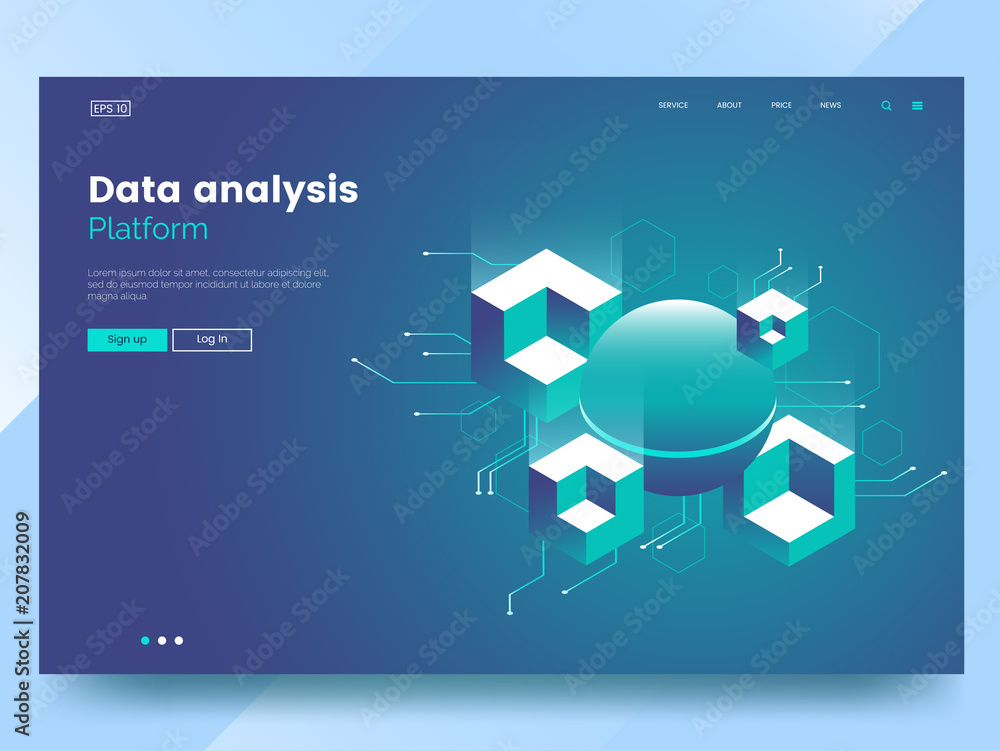 Poster Data analysis abstract isometric technology illustration. Abstract 3d big data visualisation. Web page design concept. Website header layout. Vector eps 10.