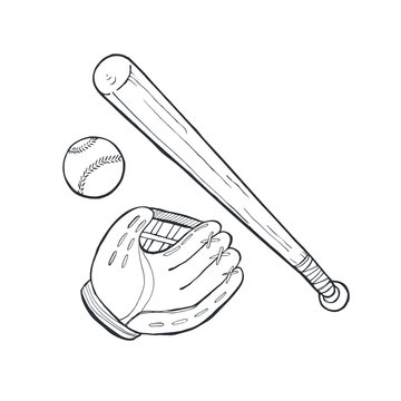 recommend clip art: Hand drawn baseball accessories isolated on white background. Baseball glove, bat and ball sketch vector illustration.