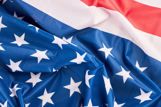 United States of America flag close up. Ruffled American flag background. Close up flag of United States of America.