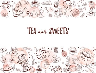 Horizontal border from tea time doodle elements. Hand drawn tea vector frame. Teapots, cups, cupcakes and sweets with watercolor circles on white background. Menu design template.