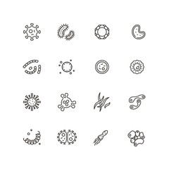 Microbes, virus and pathogen line icons. Bacteriology hygiene and infection outline vector isolated symbols
