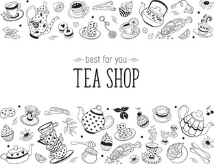 Tea time doodle elements in horizontal border. Teapots, cups, cupcakes and sweets isolated on white background. Tea shop design template.