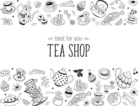 Tea time doodle elements in horizontal border. Teapots, cups, cupcakes and sweets isolated on white background. Tea shop design template.
