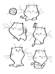 Vector set of cute tabby cat characters in different action poses isolated on white background.
