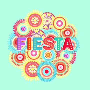 Fiesta postcard, abstract flowers, decorative text