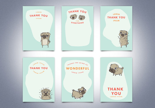 Thank You Card Set with Pug Illustrations
