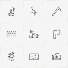 Gardening line icon set with gloves, plant root and fence