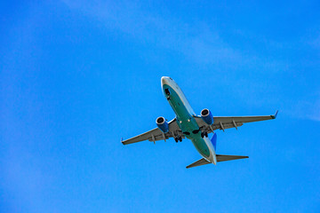Large passenger plane flying in the blue sky