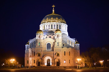 Fototapeta na wymiar The Naval cathedral of Saint Nicholas in Kronstadt. Night view. St. Petersburg, Russia.