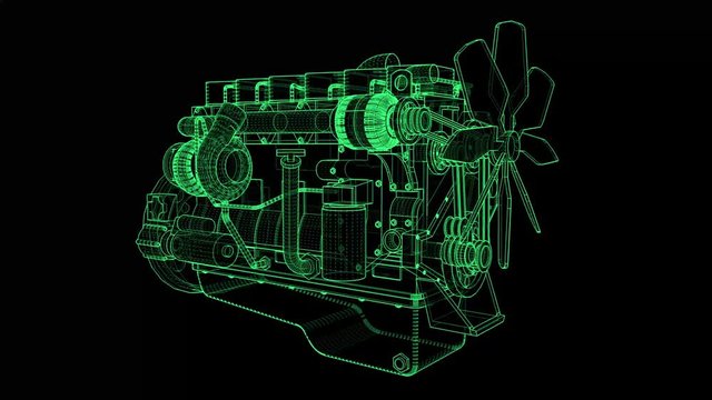 Diesel engine made of green glowing contour lines on black background.