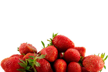 Ripe strawberry garden fruit stacked with a slide on a white background.