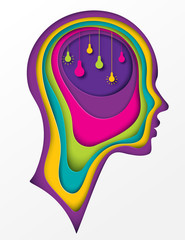 Modern poster with layered cut out colored paper human profile with lightbulb. Creative thinking, business concept of innovation. Deep paper art origami style