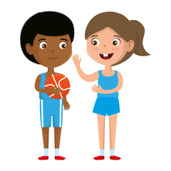 Fototapeta premium little kids couple playing basketball characters vector illustration design