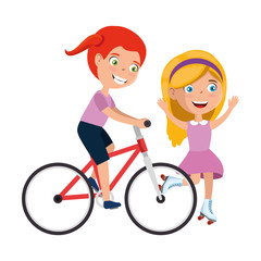 Fototapeta na wymiar little girls friends riding bycicle and skates characters vector illustration design