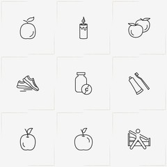 Health line icon set with toothpaste with brush, vitamin tablets and sneakers