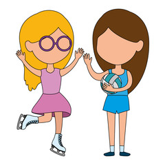 little girls friends skating and playing volleyball vector illustration design