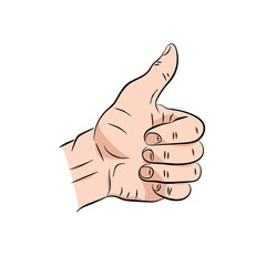 Hand showing symbol Like. Making thumb up gesture. Vector illustration isolated on a blue background. Sign for web, poster, info graphic