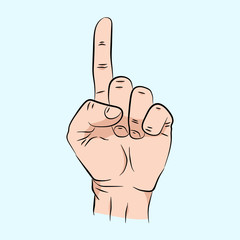 Pointing finger. Vector illustration isolated on a blue background. Hand sign for web, poster, info graphic